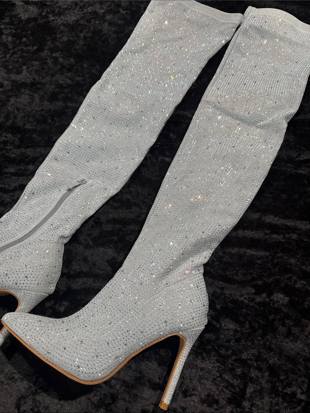 Crystal-Embellished Silver Knee-High Stiletto Boots - Women
